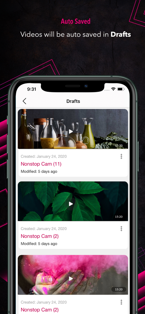 Nonstop Cam : Pause & Switch - Pantalla de smartphone mostrando la lista de borradores de video en la aplicación Nonstop Cam