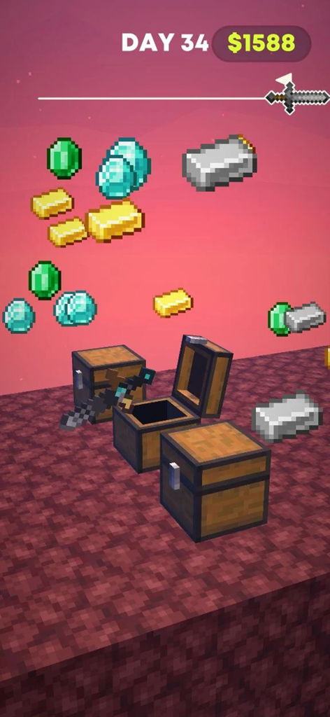 Craft Slasher - Gameplay screenshot of Craft Slasher showing floating diamonds gold bars and emeralds above treasure chests