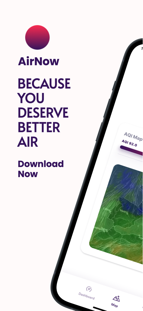 Air Now app interface showing air quality index map and promotional health text