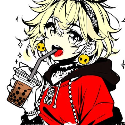 hot baddie anime girl drinking boba and biting the straw