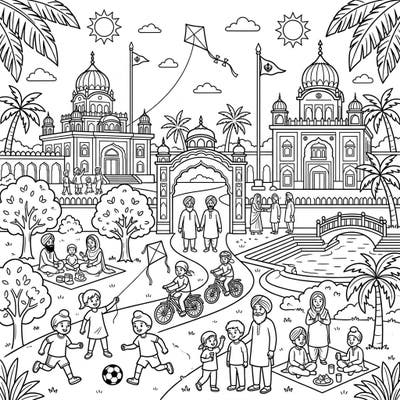 Immerse yourself in a vibrant summer scene with this delightful coloring page featuring majestic Sikh Gurdwaras. Families and children enjoy sunny outdoor activities, creating a picture of joy and community spirit perfect for coloring.