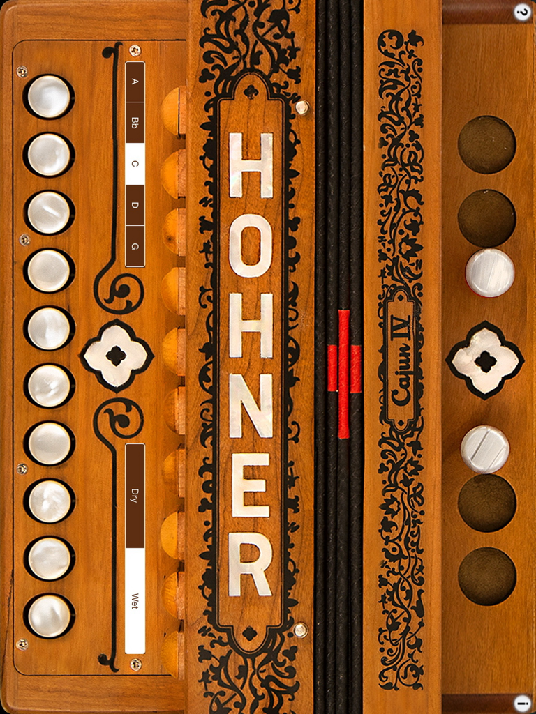 Interfaz de la aplicación virtual Hohner Cajun IV con textura de madera realista y botones