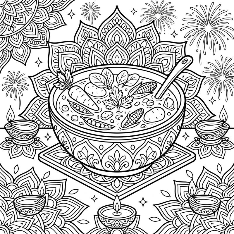 This unique coloring page blends the warmth of wholesome vegetable soup with the vibrant celebrations of Diwali. Adorned with traditional diyas, intricate rangoli patterns, and festive fireworks, it's a delightful way to explore cultural richness through color.