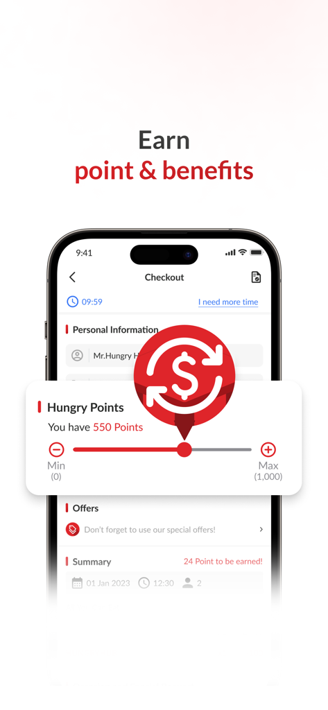 Hungry Hub app checkout screen showing the Hungry Points loyalty program with a slider to redeem points for dining benefits