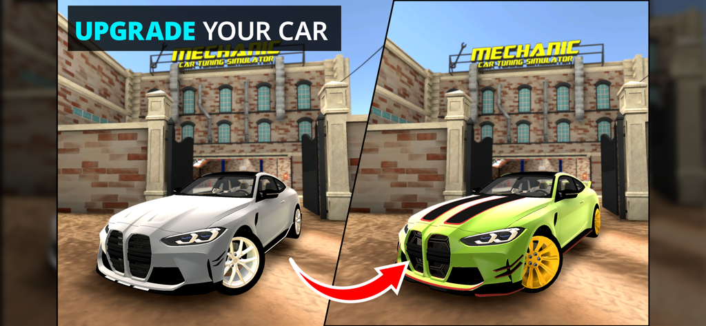 Un coche blanco y su versión mejorada en verde con rayas de carreras negras y llantas amarillas.