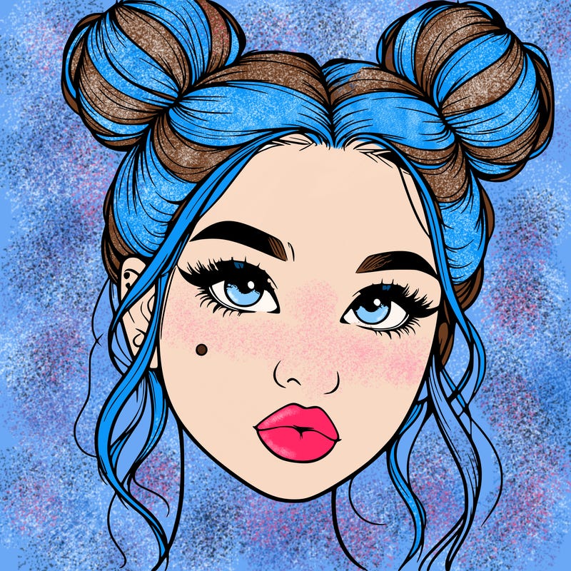realistic girl with two buns on her hair and lips