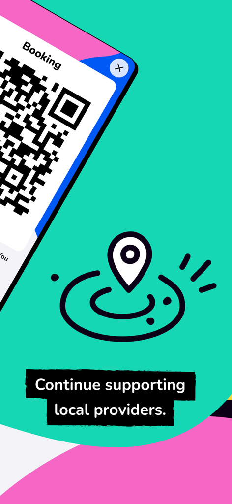 Pantalla de la aplicación KulturPass que muestra un código QR de reserva y un ícono de ubicación para proveedores locales.