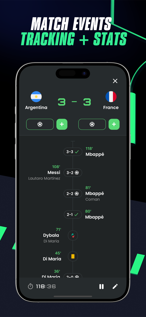Tourney app interface showing live match events tracking and stats for a soccer game between Argentina and France
