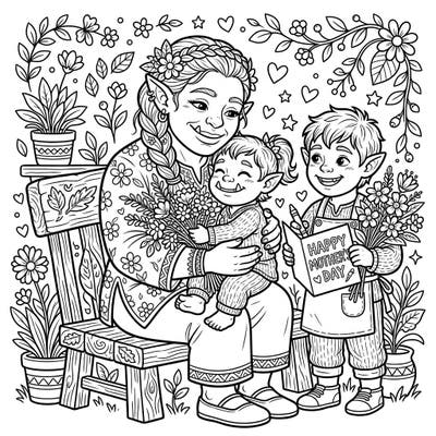 Dive into a heartwarming fantasy scene with our Green Orcs Mother's Day coloring page. This unique illustration captures tender family bonds amidst a whimsical floral setting, perfect for celebrating mom.