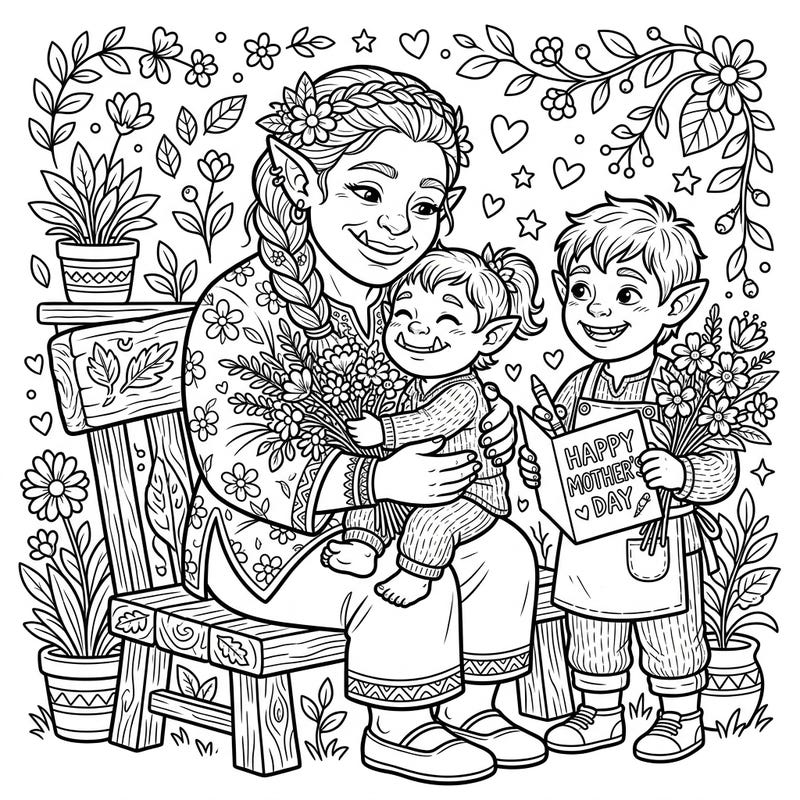 Dive into a heartwarming fantasy scene with our Green Orcs Mother's Day coloring page. This unique illustration captures tender family bonds amidst a whimsical floral setting, perfect for celebrating mom.