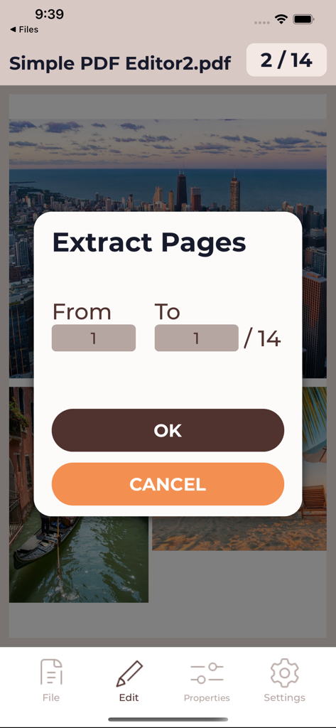 PDFドキュメントのページ範囲選択が表示される、シンプルなPDFエディターのページ抽出インターフェース