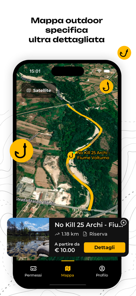 SpotFish - Fishing Spots - SpotFish app screen displaying a detailed satellite map of a river fishing spot and permit pricing