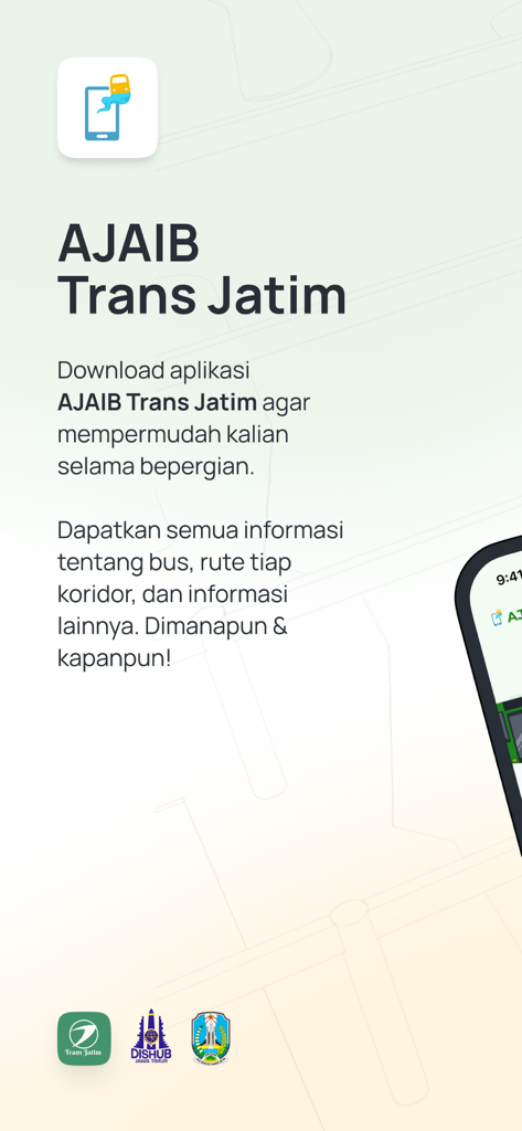 Introductory splash screen of the AJAIB Trans Jatim mobile app showing bus route and schedule information for commuters
