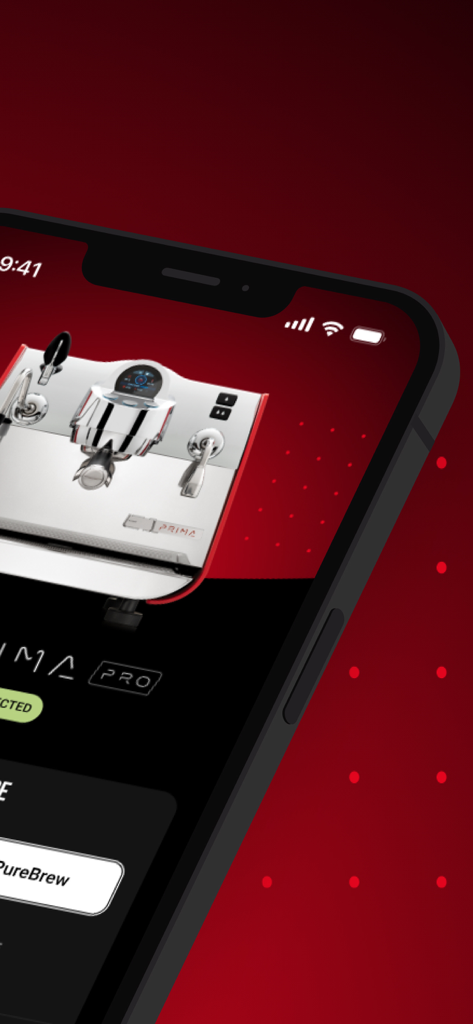 Victoria Arduino E1 Prima - Victoria Arduino E1 Primaアプリがスマートフォンに表示され、接続されたエスプレッソマシンを示しています。