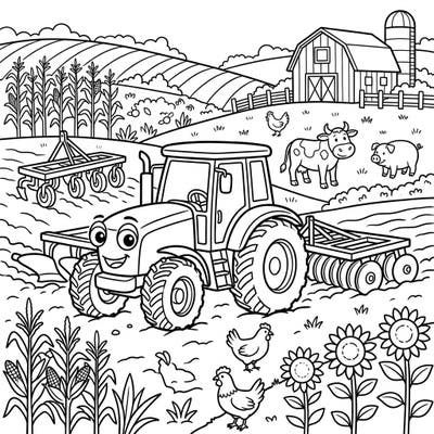 Get ready for an exciting farm adventure with this detailed coloring page featuring a friendly tractor and its plowing equipment. Kids will love bringing this lively rural scene to life with their favorite colors.