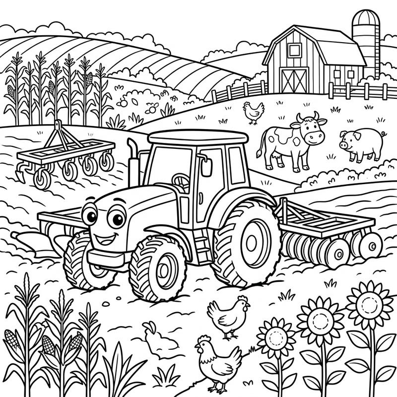 Get ready for an exciting farm adventure with this detailed coloring page featuring a friendly tractor and its plowing equipment. Kids will love bringing this lively rural scene to life with their favorite colors.