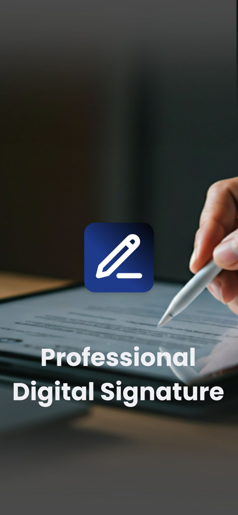InkSign: Signature Maker - A person signing a digital document on a tablet using a stylus with the InkSign app logo and professional digital signature text