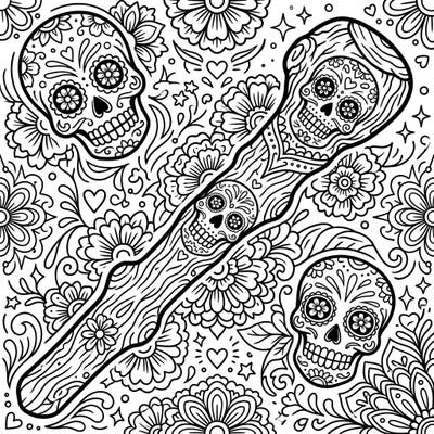 Discover a captivating fusion of Irish tradition and vibrant Mexican celebration in this unique coloring page. Intricate patterns, sugar skulls, and a decorated Shillelagh invite you to explore the rich details of Day of the Dead artistry.