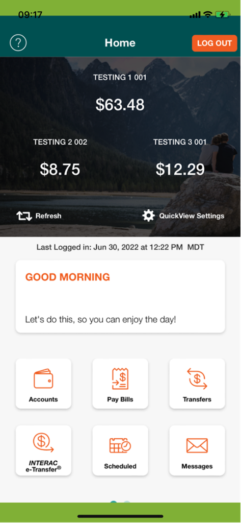 PHT Mobile - Dashboard of the Peace Hills Trust mobile banking app showing account balances and navigation icons
