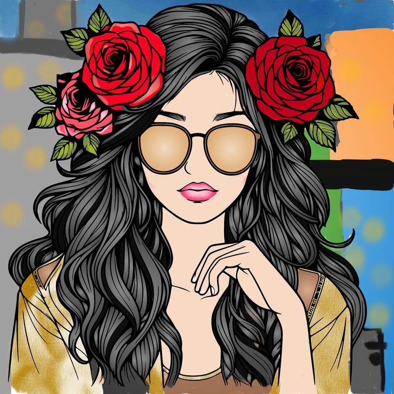 realistic girl with roses in hair and sunglasses
