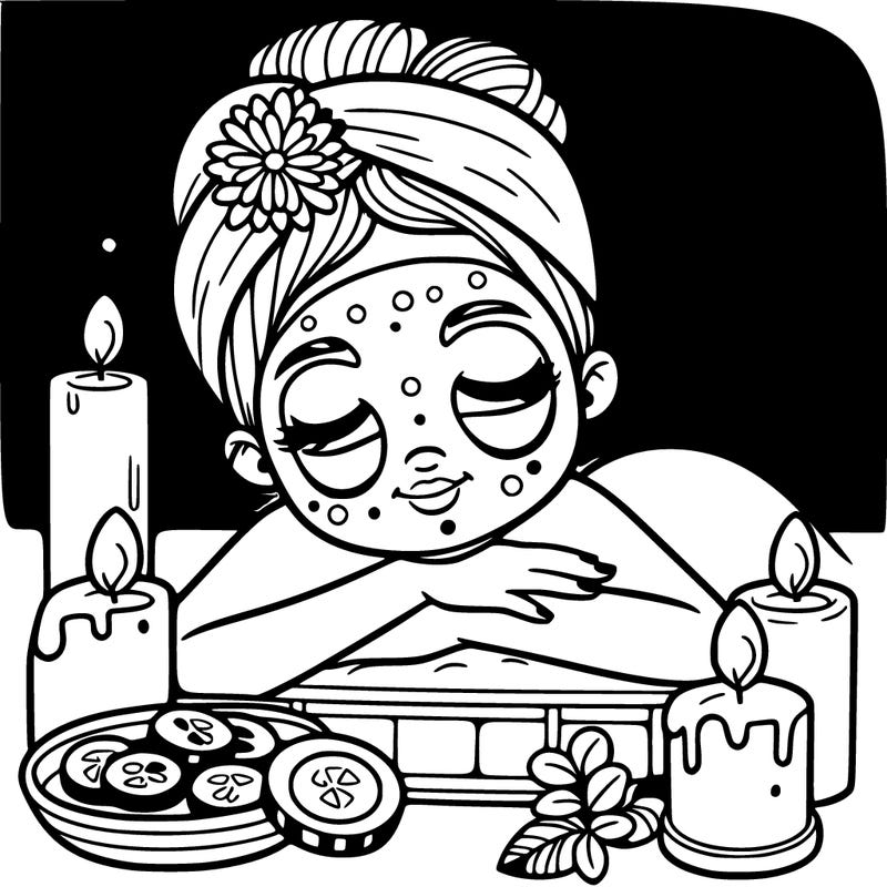 spa day: a girl relaxing with a face mask, cucumber slices, and candles nearby.