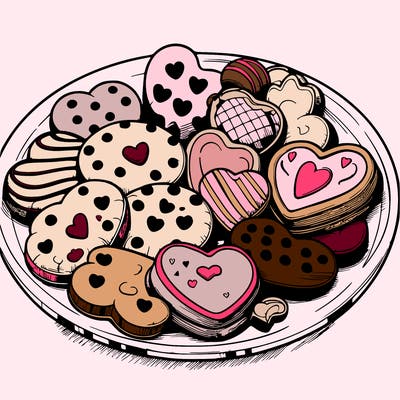 simple drawing. realistic plate of valentines day cookies