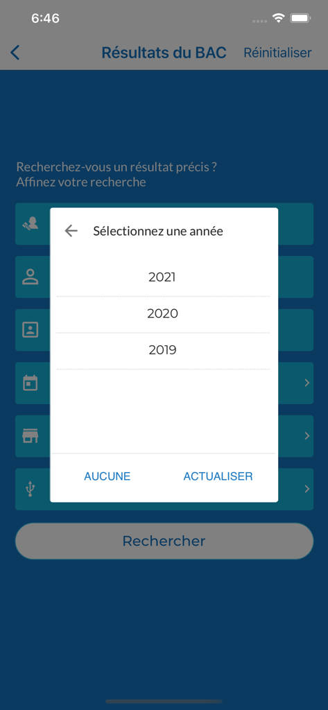 digiDEC - Year selection pop up menu for checking BAC exam results in the digiDEC app