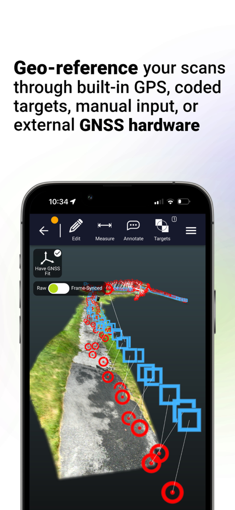 Dot3D - LiDAR 3D Scanning - Interface do aplicativo Dot3D mostrando um escaneamento 3D com dados de georreferenciamento via hardware GPS e GNSS.