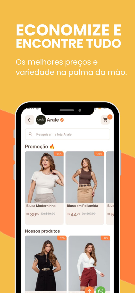 Venda Mais | Atacado - Interfaz de la aplicación móvil Venda Mais Atacado mostrando artículos de moda femenina y precios al por mayor.