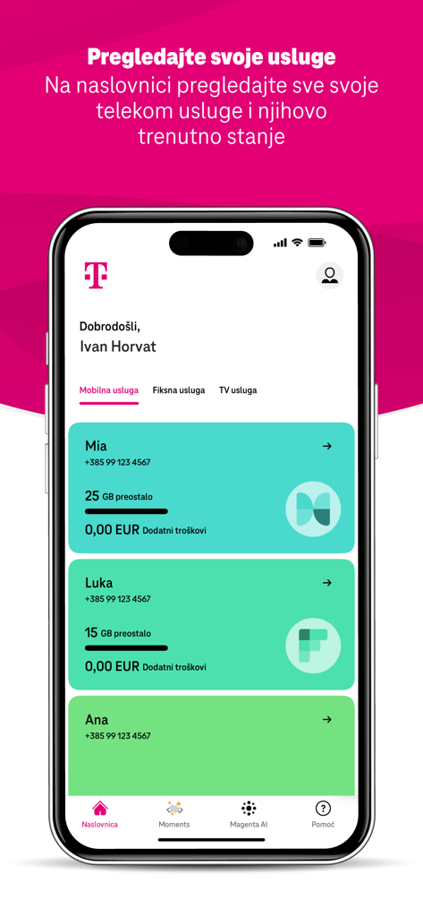 Telekom ME - Telekom ME app dashboard showing mobile data usage for multiple family accounts