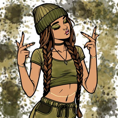 realistic teenage girl with braids and a beanie and crop top doing 🫶🏼