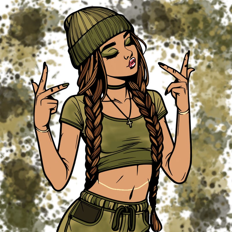 realistic teenage girl with braids and a beanie and crop top doing 🫶🏼