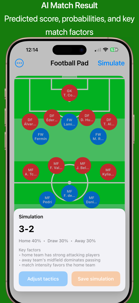 A smartphone displaying an AI-powered football match simulation with a 3-2 predicted score and tactical analysis on a pitch layout.