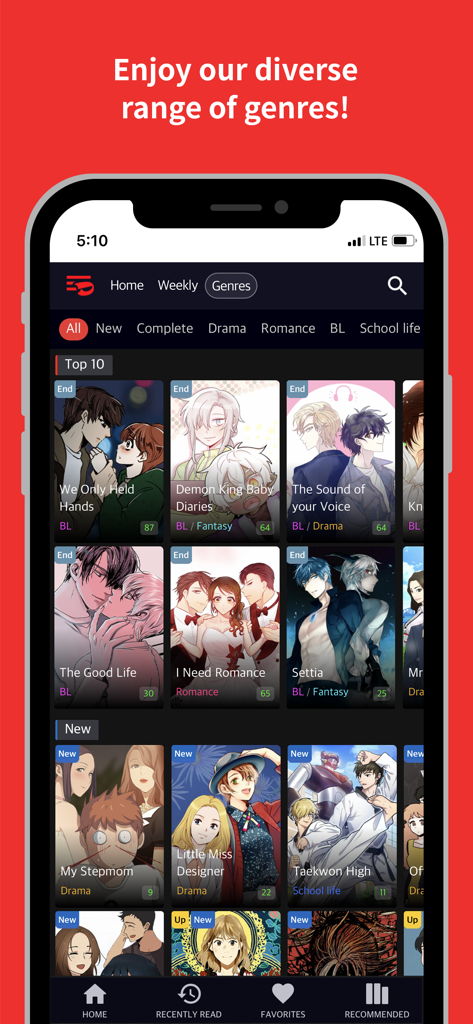 Toomics - Unlimited Comics - Interface do aplicativo Toomics exibindo uma ampla variedade de gêneros de quadrinhos e títulos populares de webtoon