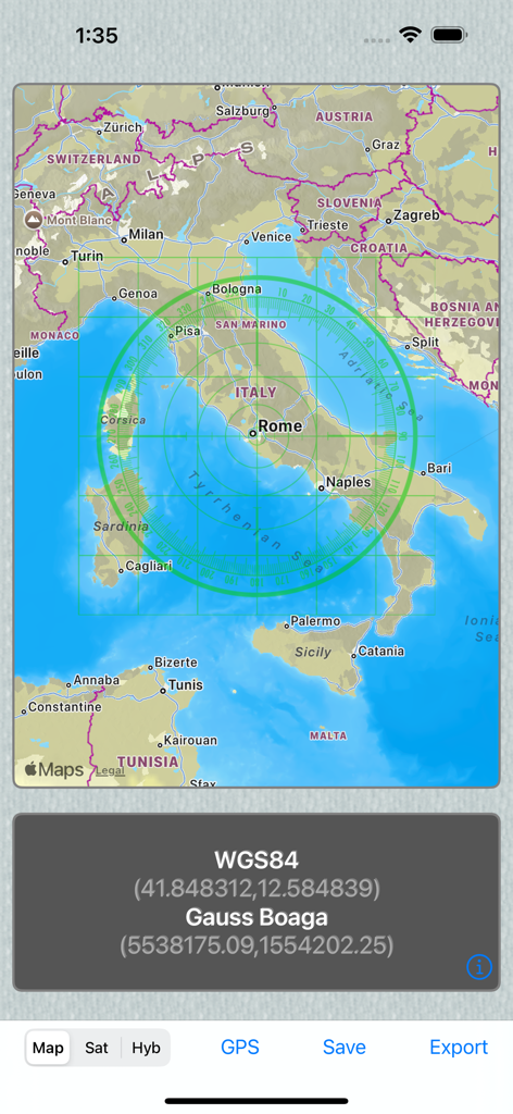 GPS Units Converter interface displaying a map of Italy and coordinate translation between WGS84 and Gauss Boaga systems