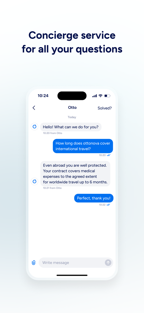 Interface of the ottonova app showing a concierge chat for digital health insurance support