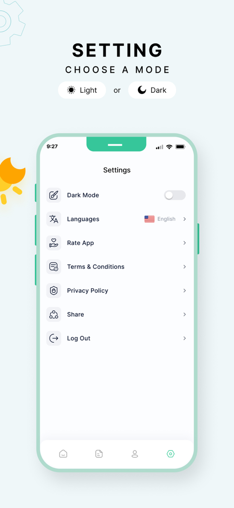 Text Summarizer - Tela de configurações do aplicativo Sumarizador de Texto por IA mostrando opções para modo escuro e idioma