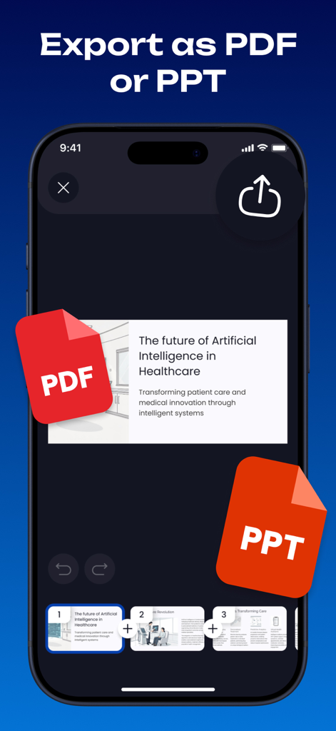 Tela de smartphone mostrando a interface do Gamma AI Slide Maker com opções para exportar apresentações como arquivos PDF ou PPT