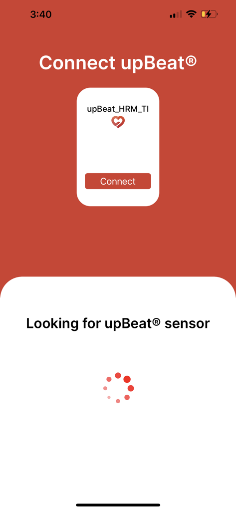 A screen in the upBeat app showing the interface to connect a heart rate monitor sensor via Bluetooth.