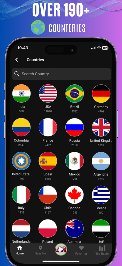 Um ecrã na aplicação Rádio FM exibindo uma lista pesquisável de mais de 190 países com bandeiras nacionais e o número de estações de rádio disponíveis para cada um.