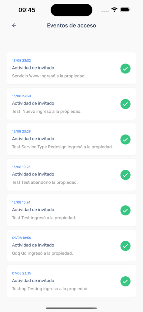 A chronological list of guest entry and exit events in the Spotter mobile app interface.