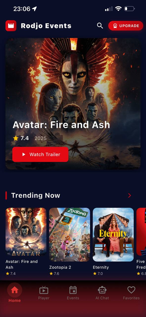 Rodjo Events app home screen showing trending movies and trailer watch options