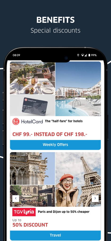 Lunch-Check - Screenshot of the Lunch-Check app benefits section showing special discounts for hotels and travel