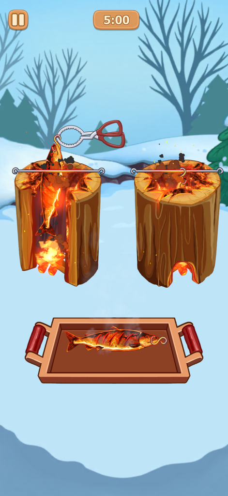 Traditional fish grilling over log fires in a peaceful snowy winter village setting