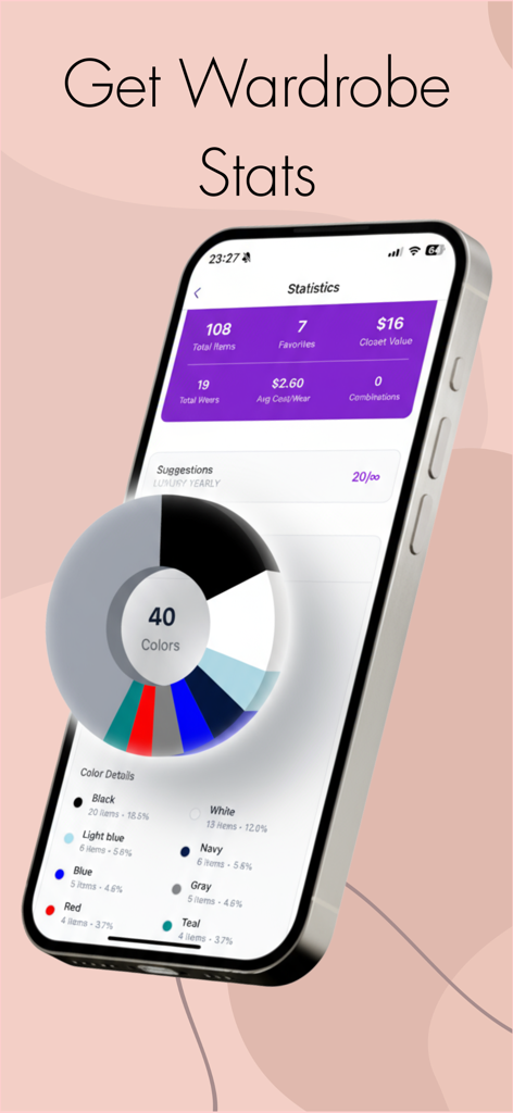 Stylegenai - Outfit Planner - A smartphone displaying the statistics screen of the Stylegenai app featuring wardrobe insights and a color distribution chart.