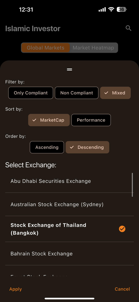 Islamic Investor - Islamic Investor app interface showing filters for Shariah compliance status and global market exchange selection.