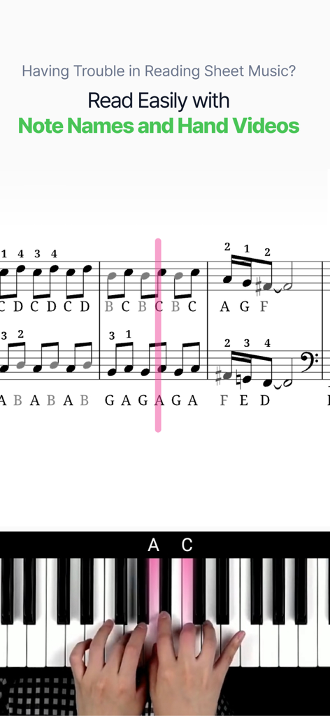 PianoKiwis - PianoKiwis interface showing sheet music with note names and a hand placement video
