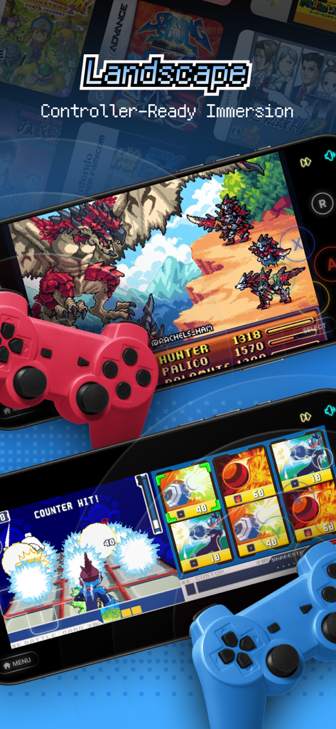 Telefoni cellulari che mostrano giochi retrò in modalità orizzontale con controller di gioco rossi e blu