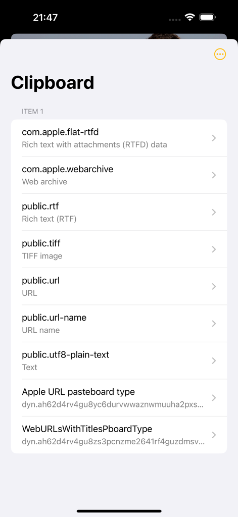 Interface of the PAND-a app showing a clipboard history with different data types like rich text, images, and URLs