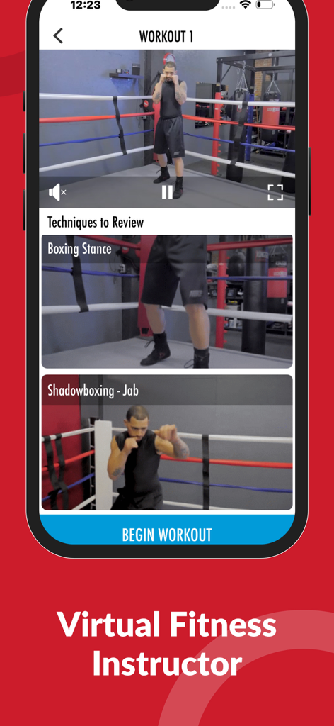 Learn to Box - Mobile app screen showing a boxing workout with instructional videos for stance and jabs